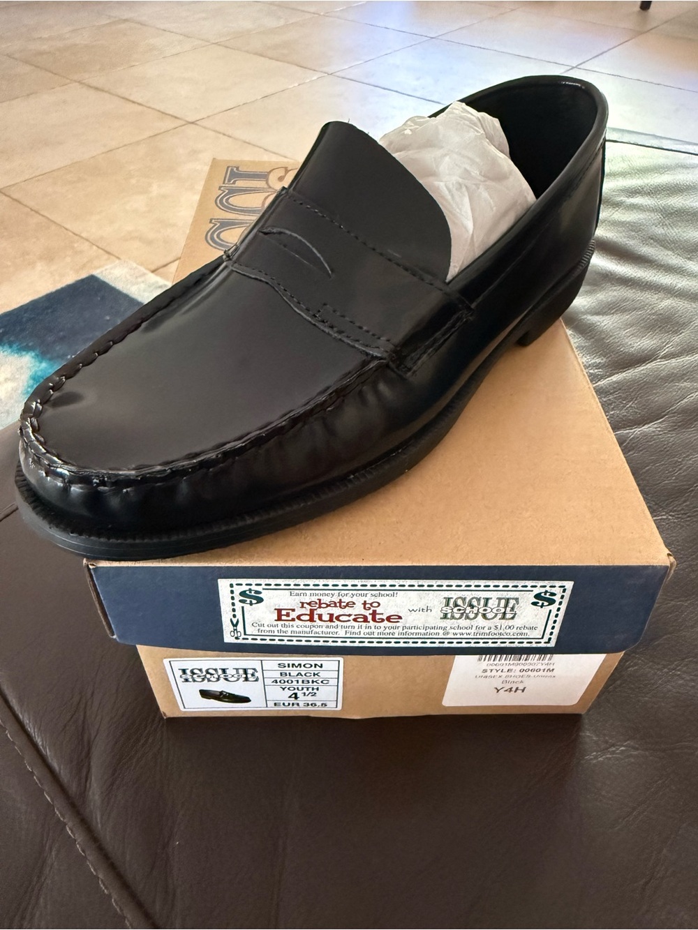 School Issue Black Leather Kids Penny Loafers
